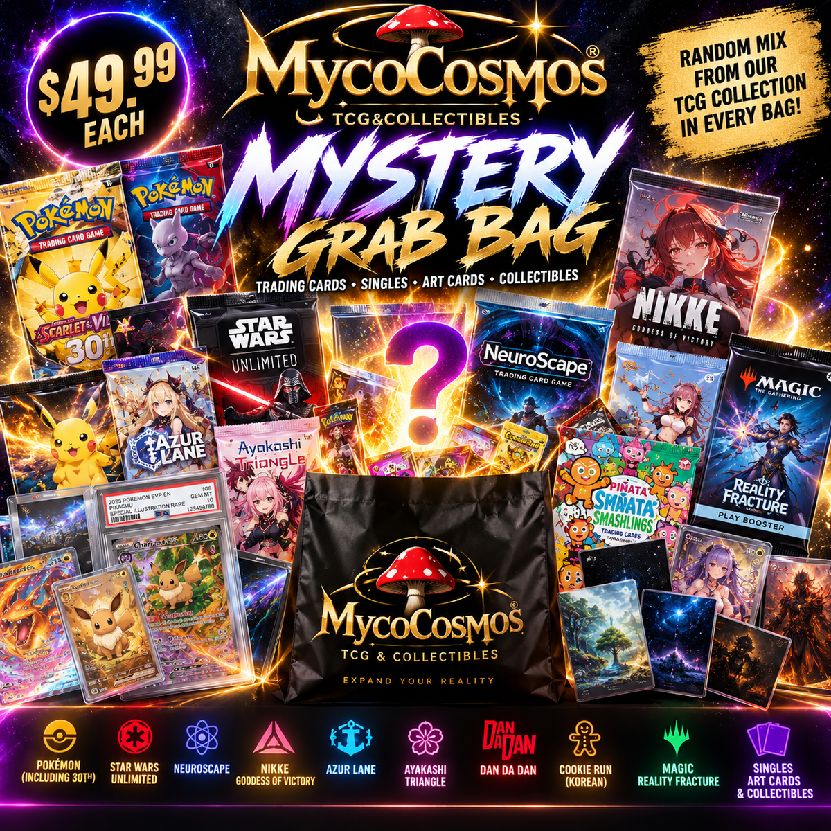 MycoCosmos TCG Mystery Grab Bag $49.99 featuring trading card packs, singles, art cards and collectibles